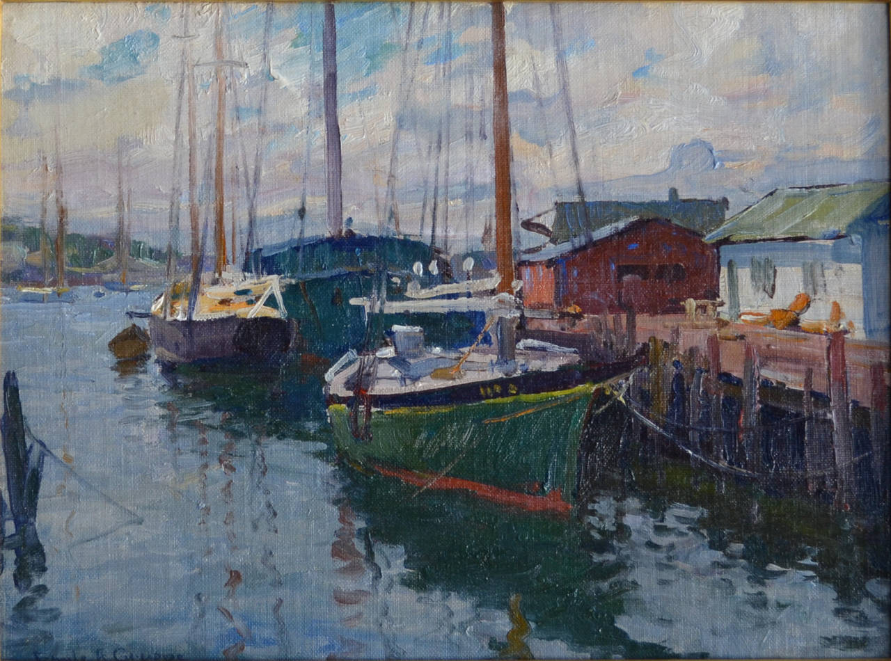 Boats in Dock, Gloucester - Painting by Emile Albert Gruppe