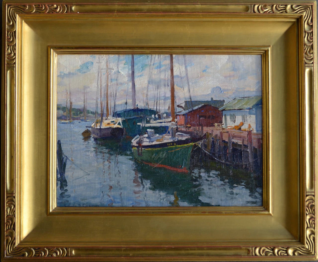 Boats in Dock, Gloucester - American Impressionist Painting by Emile Albert Gruppe