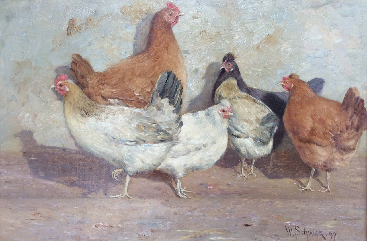 Wilhelm Schwar Animal Painting - Barnyard Conversation