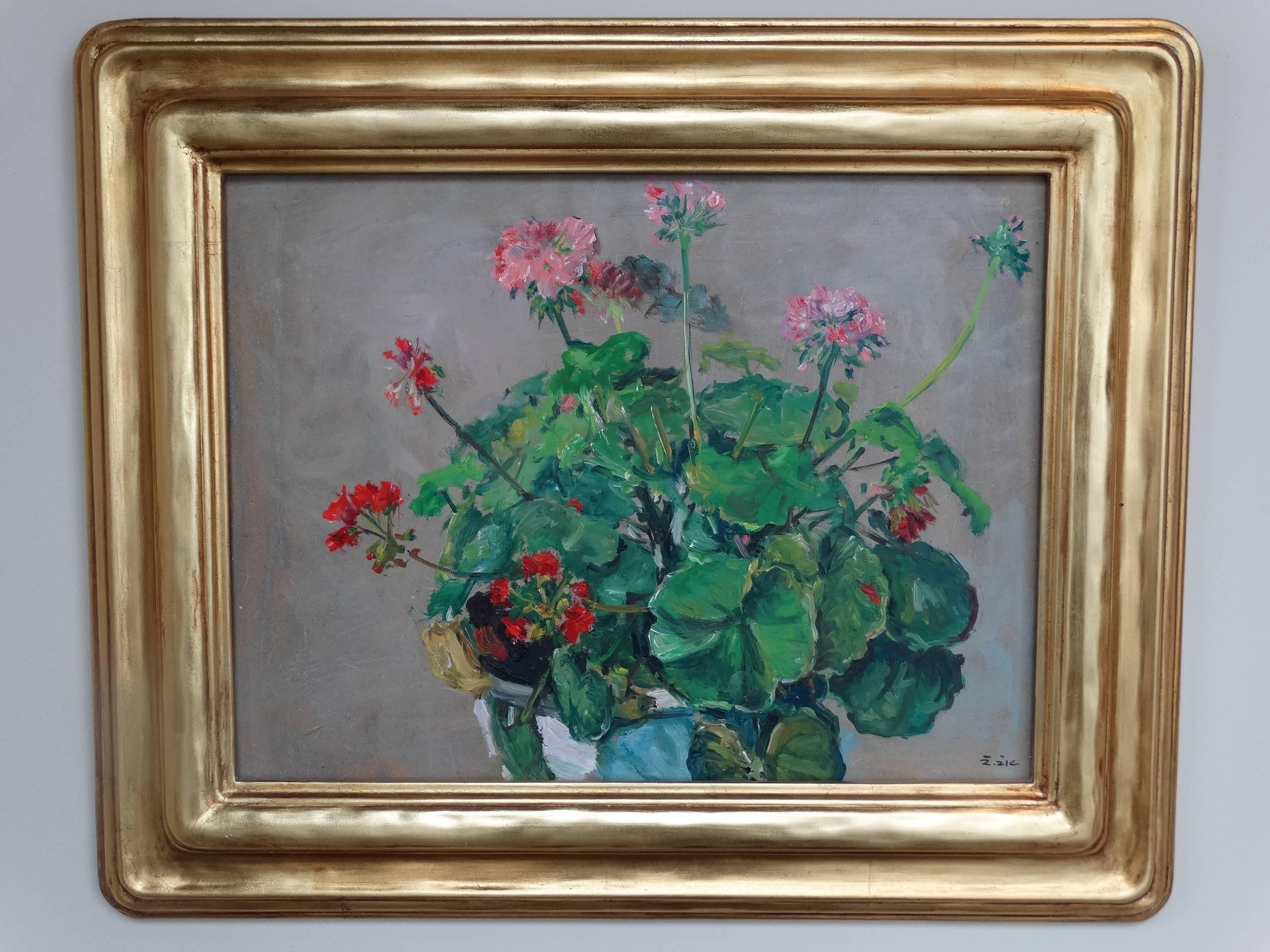 Red and Pink Geraniums - Painting by Zivko Zic