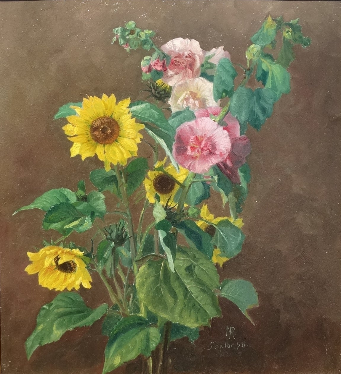 Niels Peter Rasmussen Still-Life Painting - Still Life with Sunflowers and Hollyhocks