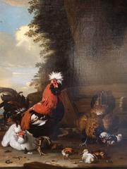 A Bantam Cockerel with Hens and Chicks in a Farmyard 