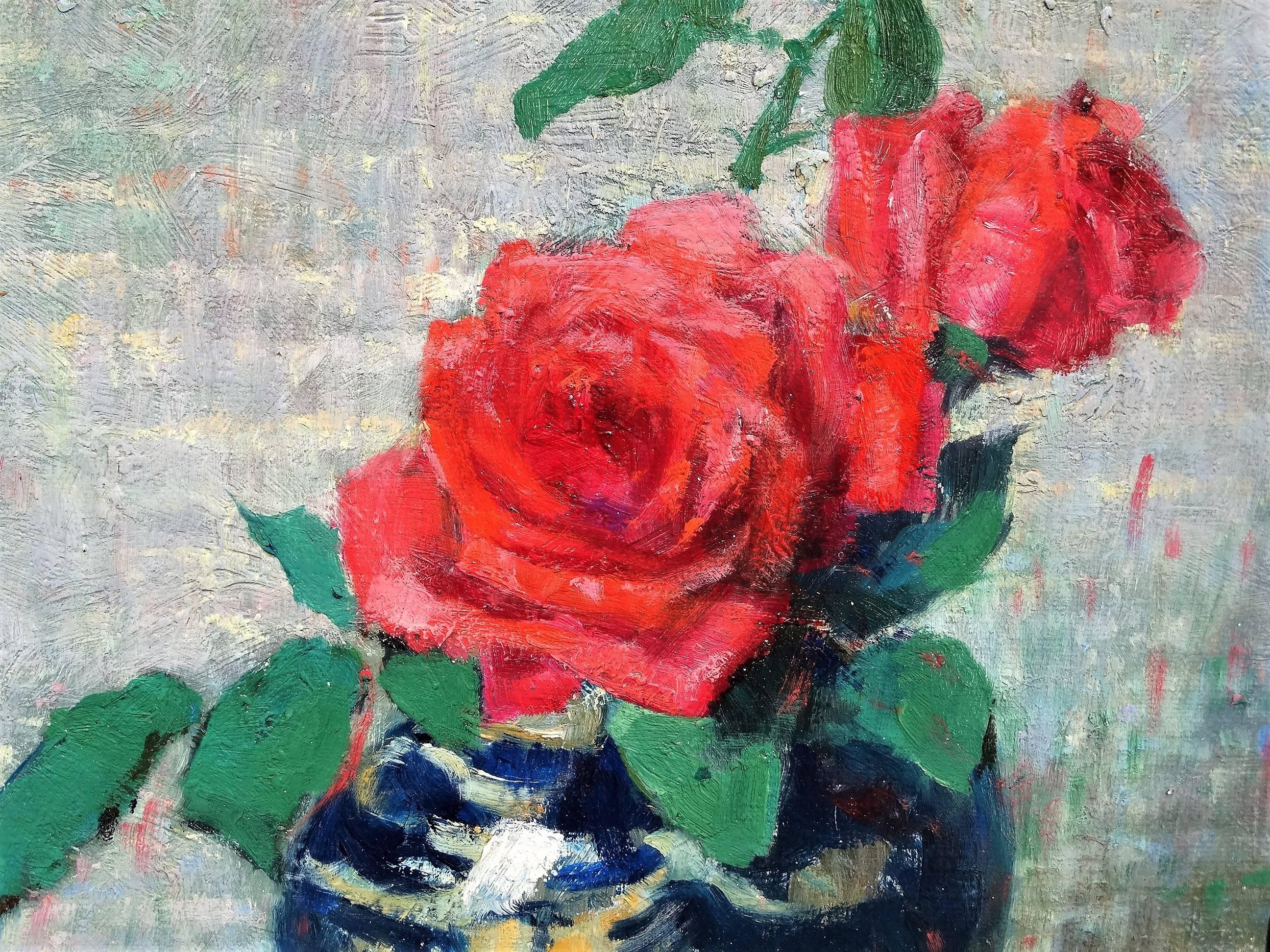 Still Life with Roses in Vase - American Impressionist Painting by Maud Mary Mason