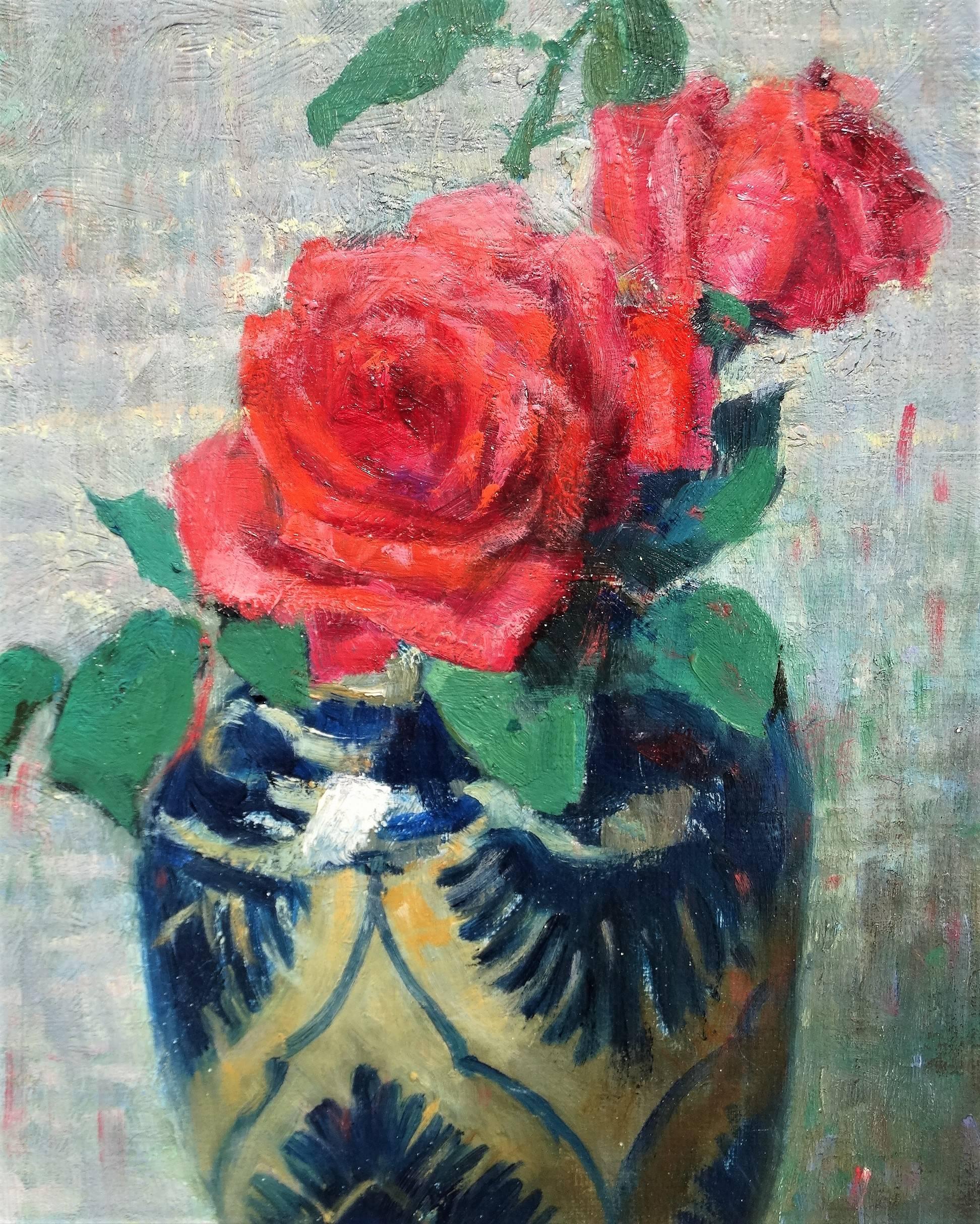 Still Life with Roses in Vase - Brown Still-Life Painting by Maud Mary Mason