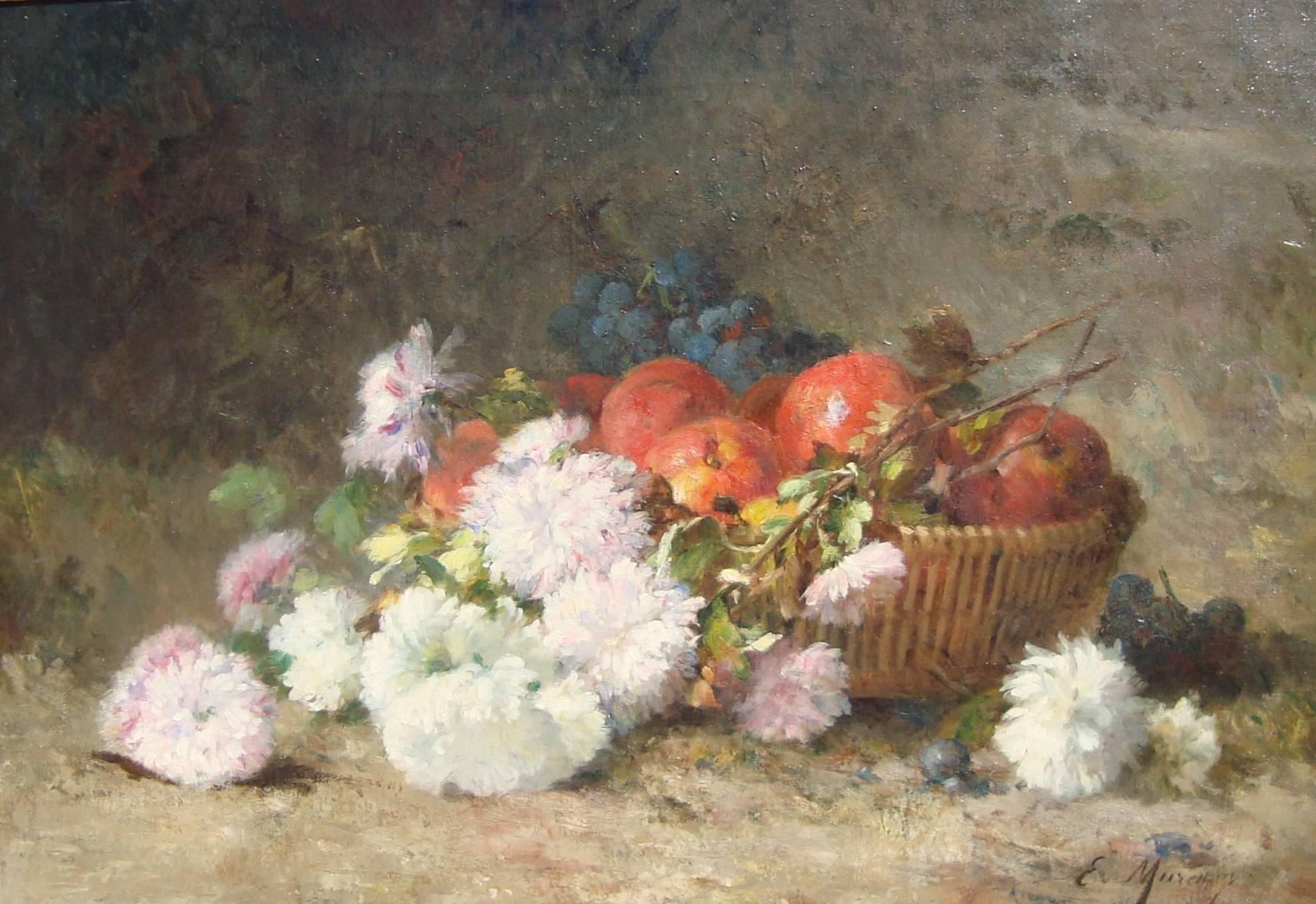 Euphemie Muraton Still-Life Painting - Chrysanthemums and fruit in a basket