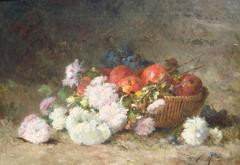 Chrysanthemums and fruit in a basket