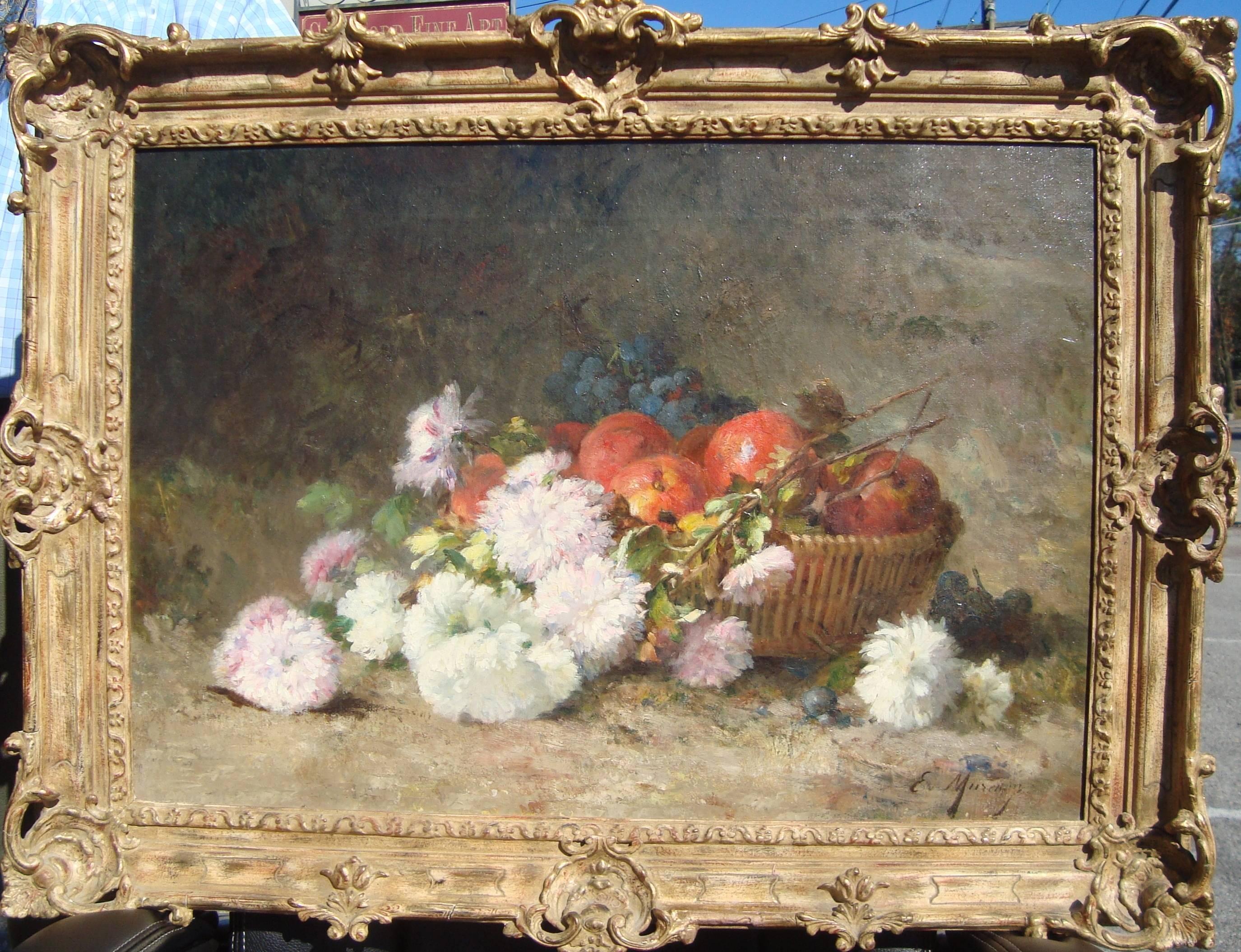 Chrysanthemums and fruit in a basket - Painting by Euphemie Muraton