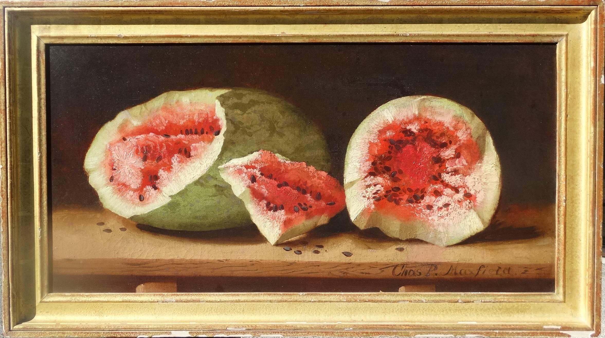 Watermelons on a Ledge - Painting by Charles P. Maxfield