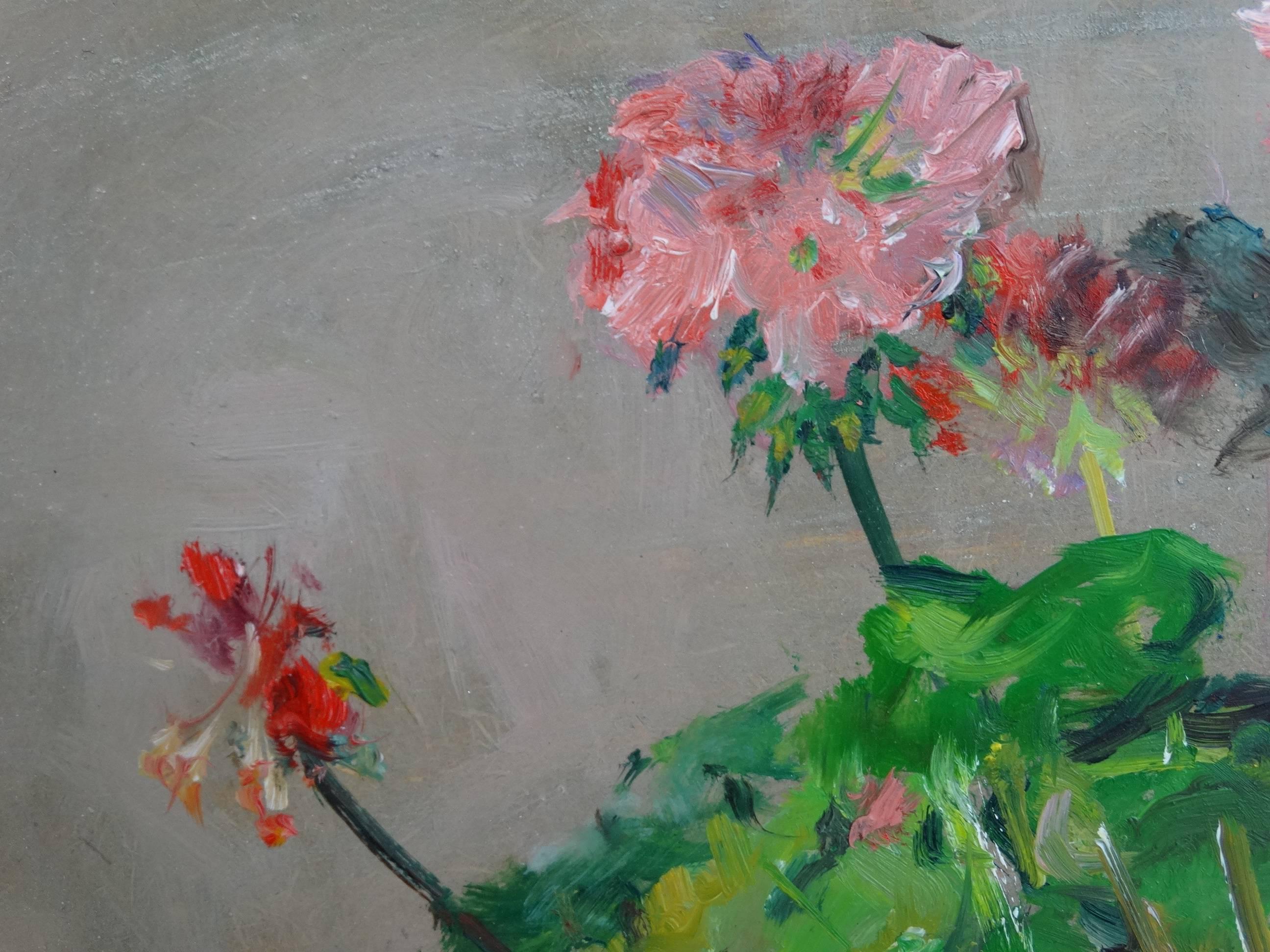 Red and Pink Geraniums - Impressionist Painting by Zivko Zic