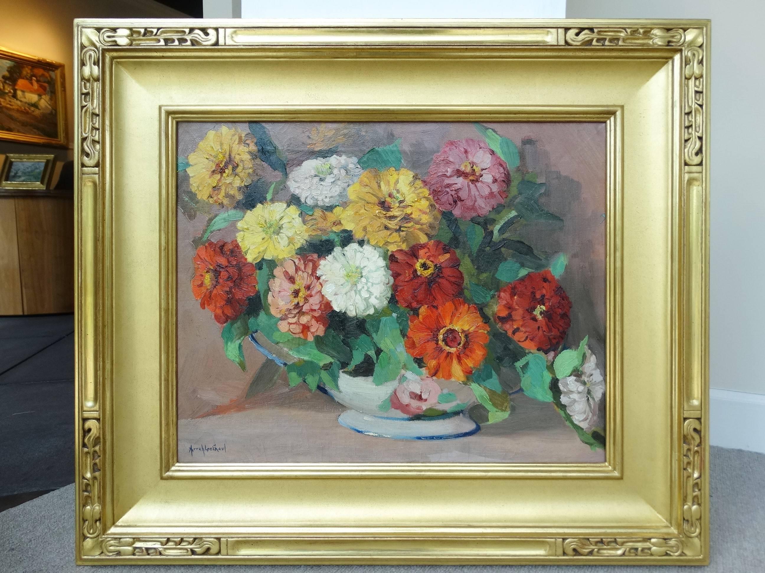 24.5 x 28.5 inches framed
Signed Lower Left

A beautiful bowl of white, chartreuse, yellow, orange, red and lilac zinnias with green foliage. A very bright and lively floral oil on canvas, rich and vibrant colors pop against a gold-leafed