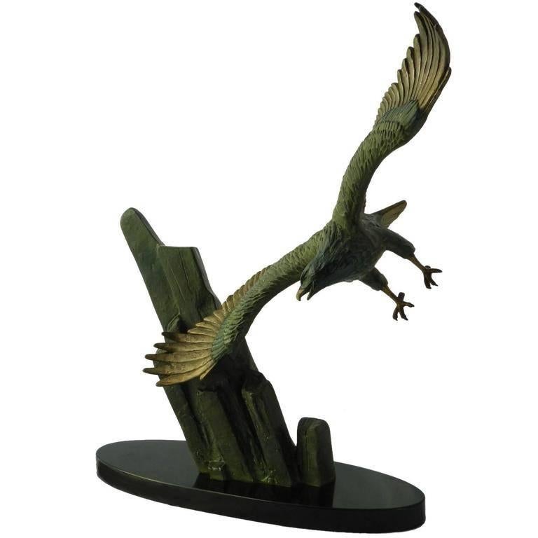 Unknown Still-Life Sculpture - Eagle in Flight signed Rulas Art Deco Sculpture Statue on Marble Base Animalia