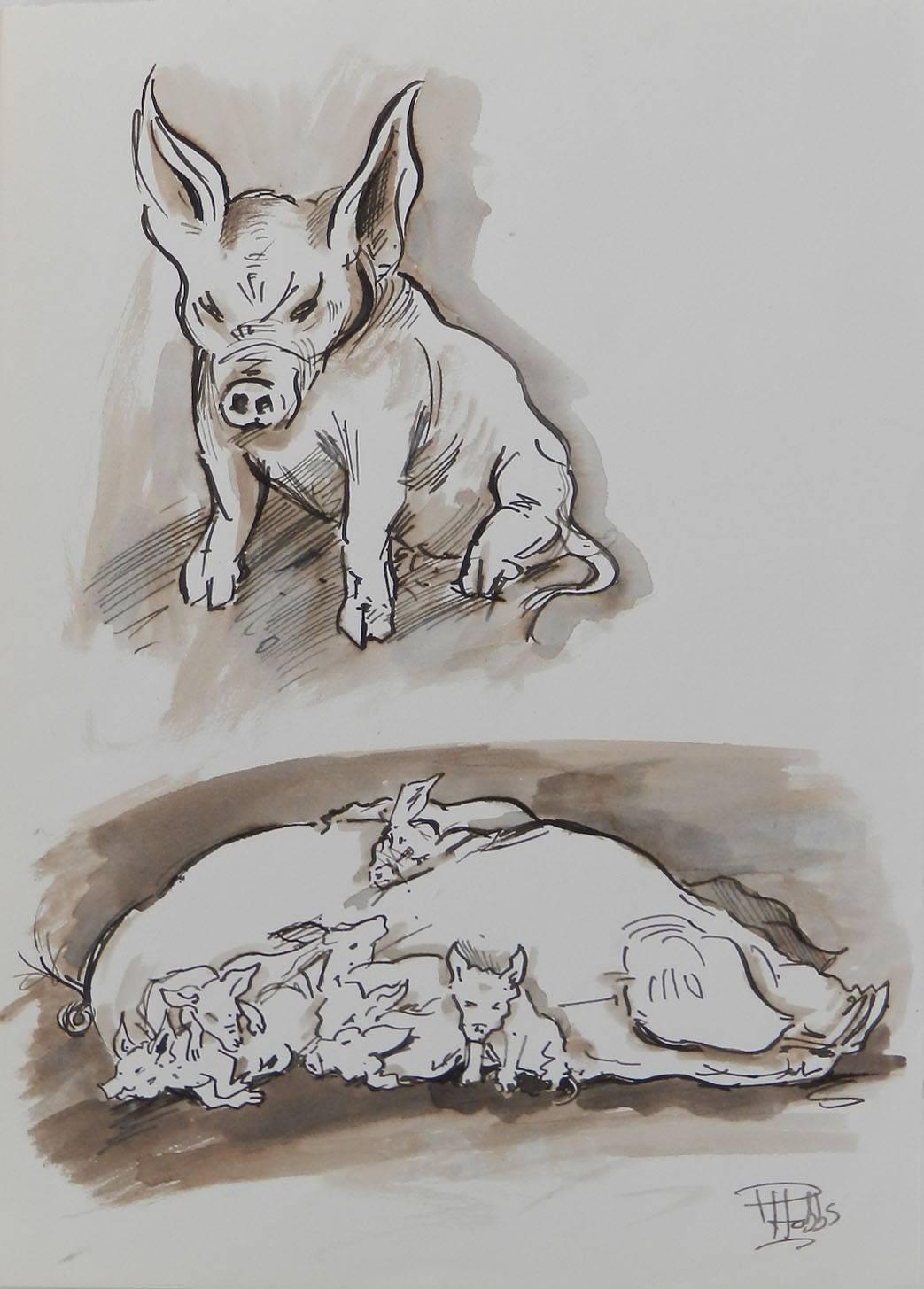 Study of Pigs painting in Sepia tones original watercolor circa 1950-1960
By UK artist Peter Hobbs 1930-1994
Signed by the artist 
Sow with piglets with a detailed study of a slightly cross looking piglet....!!
This British artist was a professional