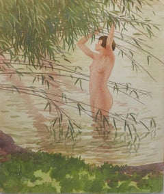 Aquarelle - Nu à l'aquarelle de Frank Jameson - Art déco - École anglaise de St Ives des années 1930