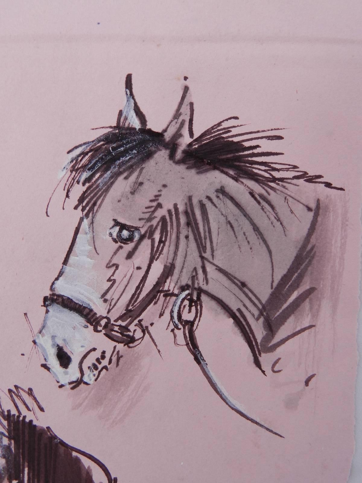 Study of Horses painting in Sepia tones original watercolor circa 1950-1960
By UK artist Peter Hobbs 1930-1994
Signed by the artist 
This British artist was a professional Sports Caricaturist especially well-known for his series of golf caricatures