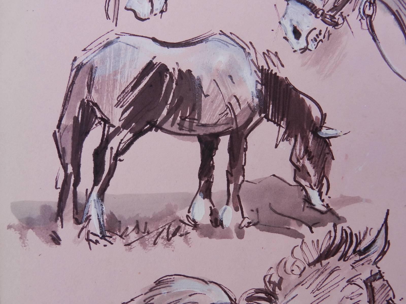 Sketches d'étude de chevaux de Peter Hobbs, 1930-1994, aquarelle couleur sépia  en vente 4
