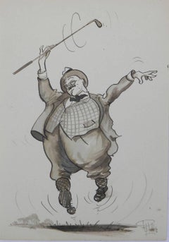 Caricature of a Happy Golfer von Peter Hobbs Golf, Originalgemälde, um 1950