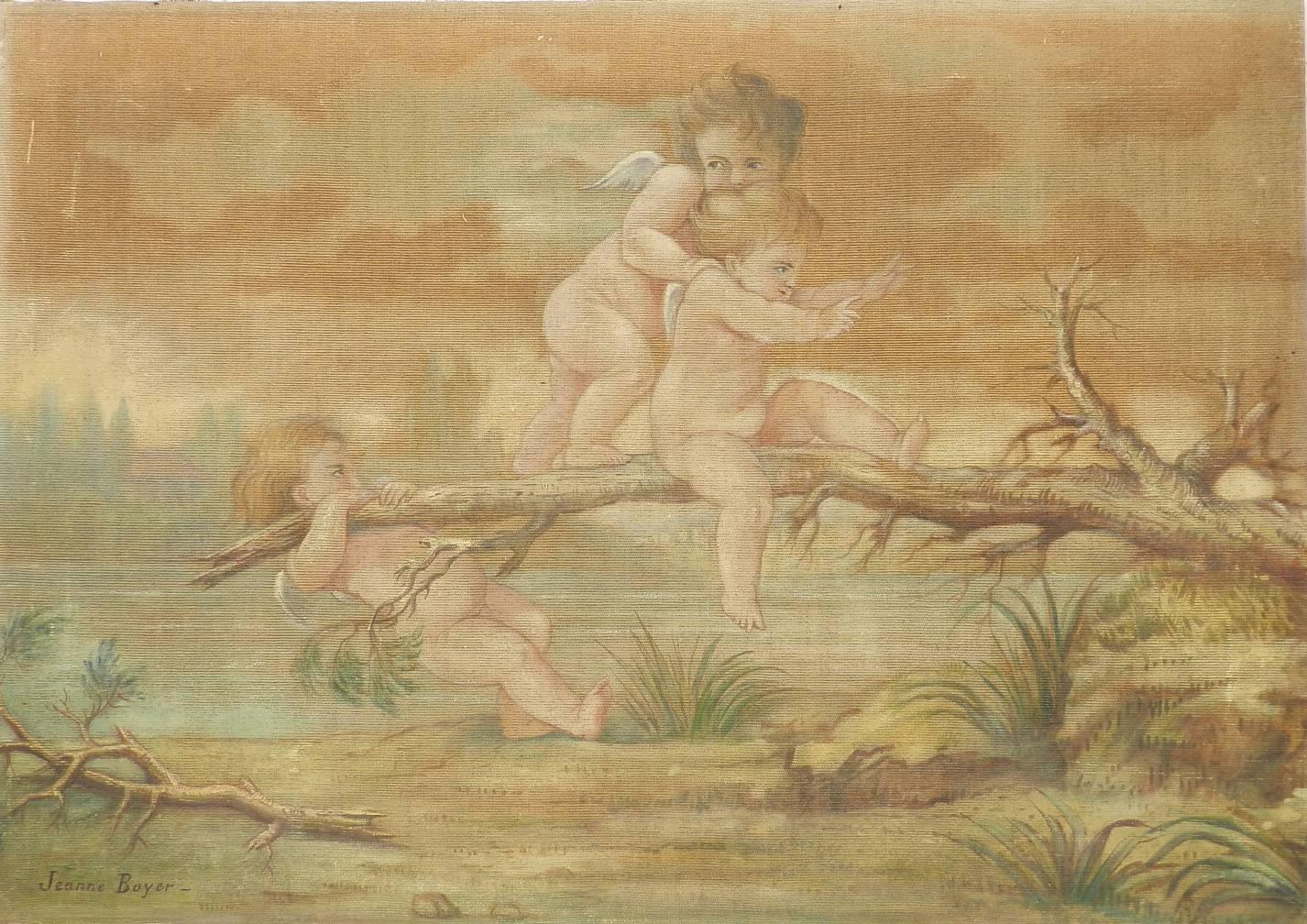 Jeanne Boyer Figurative Painting - Putti playing by Jeanne Jacquemin Boyer French 19th Century Painting on Fabric