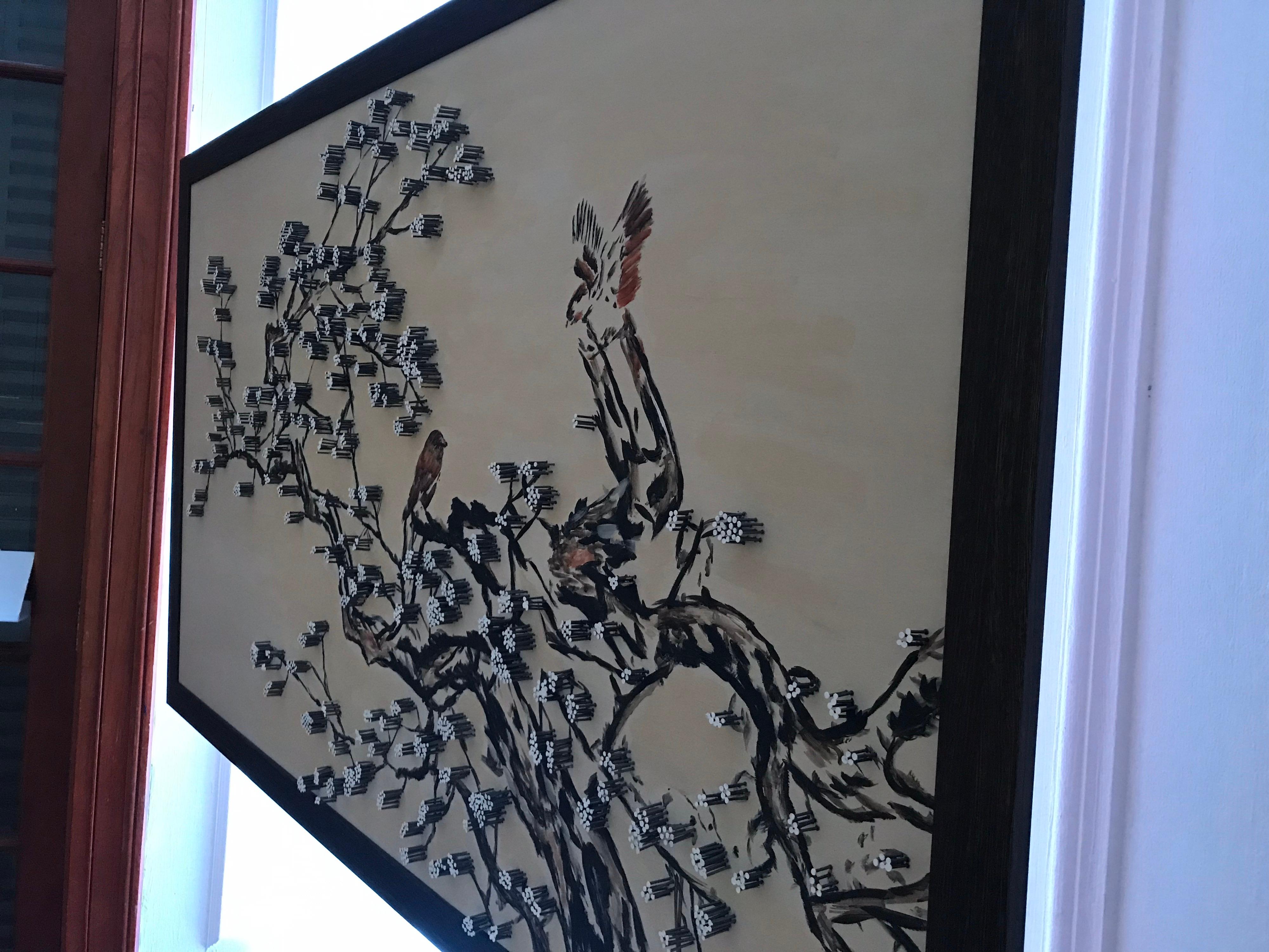 This beautiful cherry blossom tree painting is done on a wooden canvass with a mixed technique. The little flowers are metal nails which give it a 3D feeling to the art work. It was done by the artist in Mexico City and she was inspired by the