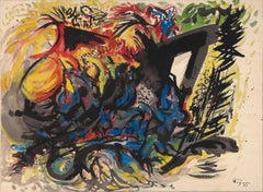 Vintage Edouard Pignon "Battle IV" 1959 Tempera on Paper Canvas Abstract Expressionist 
