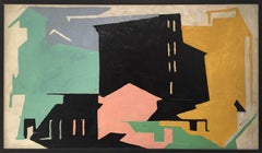 Cityscape by Arturo Peyrot 'Urban View' 20th Oil Canvas Abstract White Pink