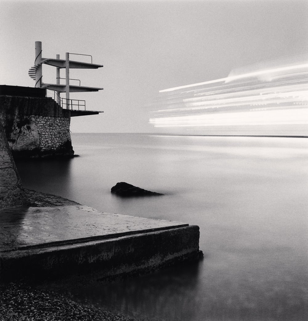 Michael Kenna Black and White Photograph - Diving Boards and Cruise Ship, Nice, Alpes-Maritimes, France, 1997 