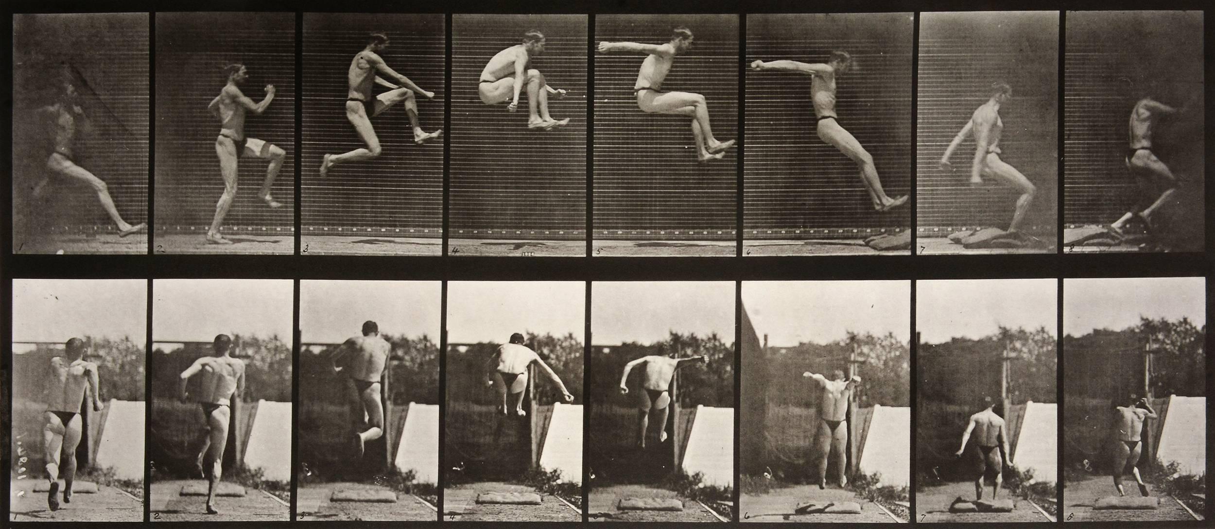 Eadweard Muybridge Black and White Photograph - Animal Locomotion: Plate 160 (Man Performing Long Jump), 1887 - Muybridge