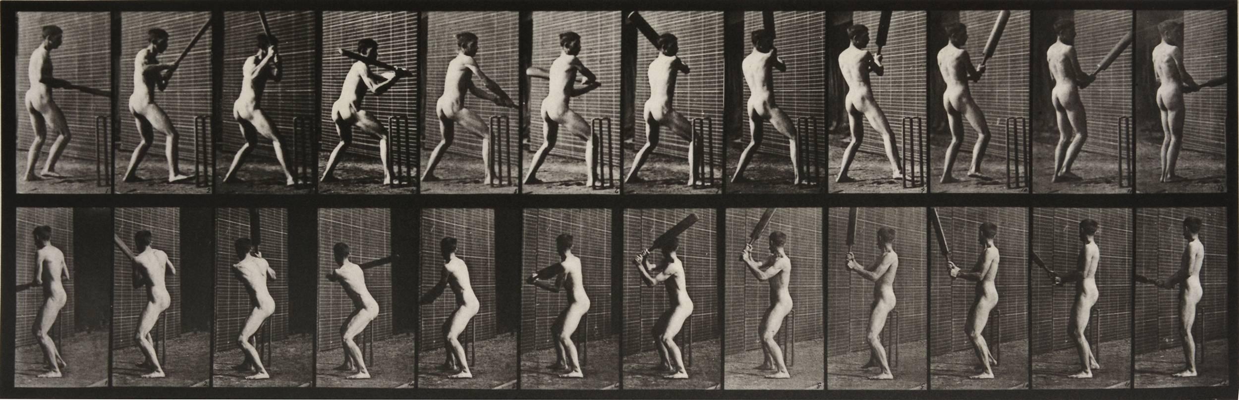Eadweard Muybridge Black and White Photograph - Animal Locomotion: Plate 293 (Nude Man Playing Cricket), 1887