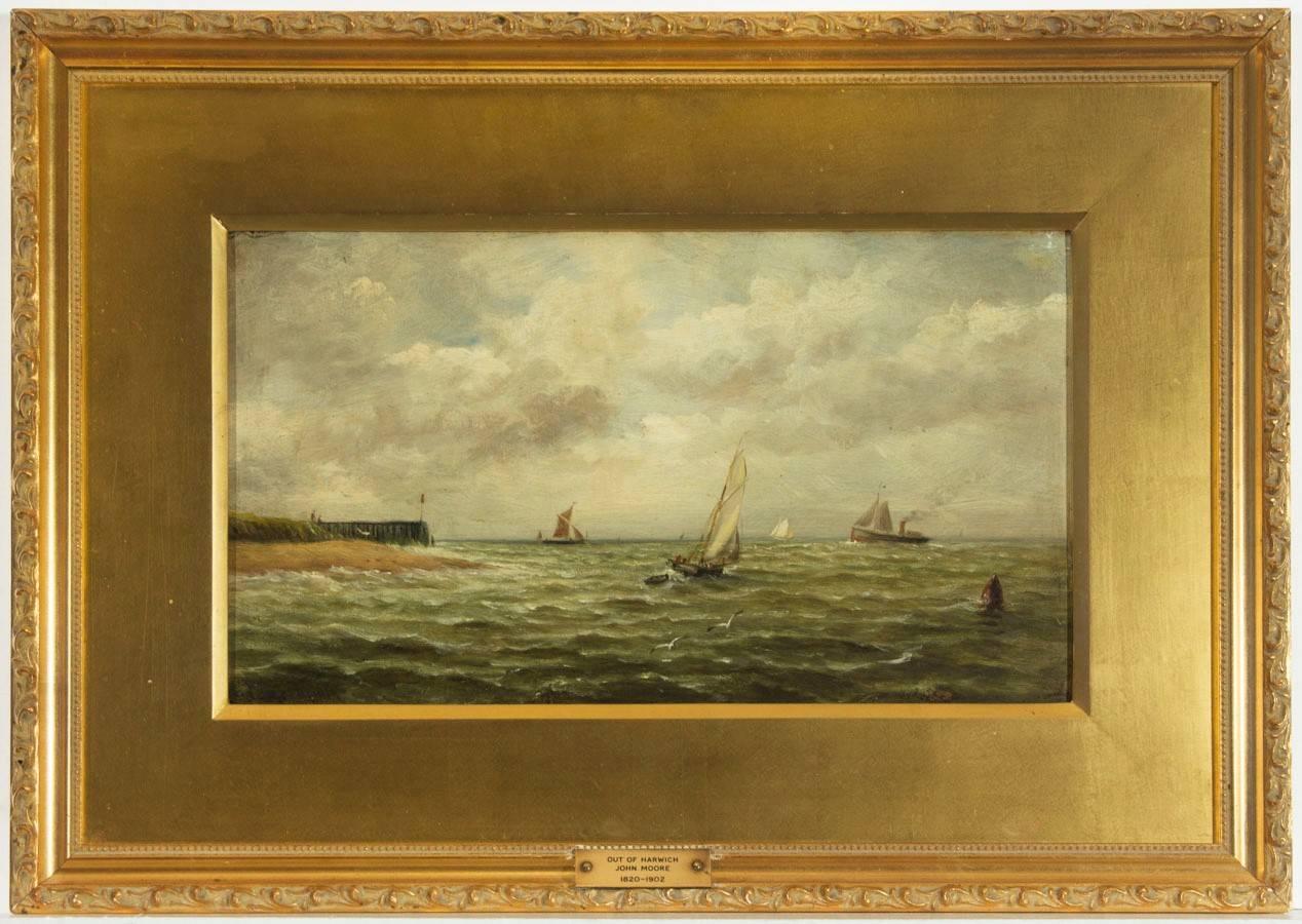 John Moore (b.1820) Landscape Painting - John Moore of Ipswich - Signed 19th Century English Marine Oil, Boats at Harwich