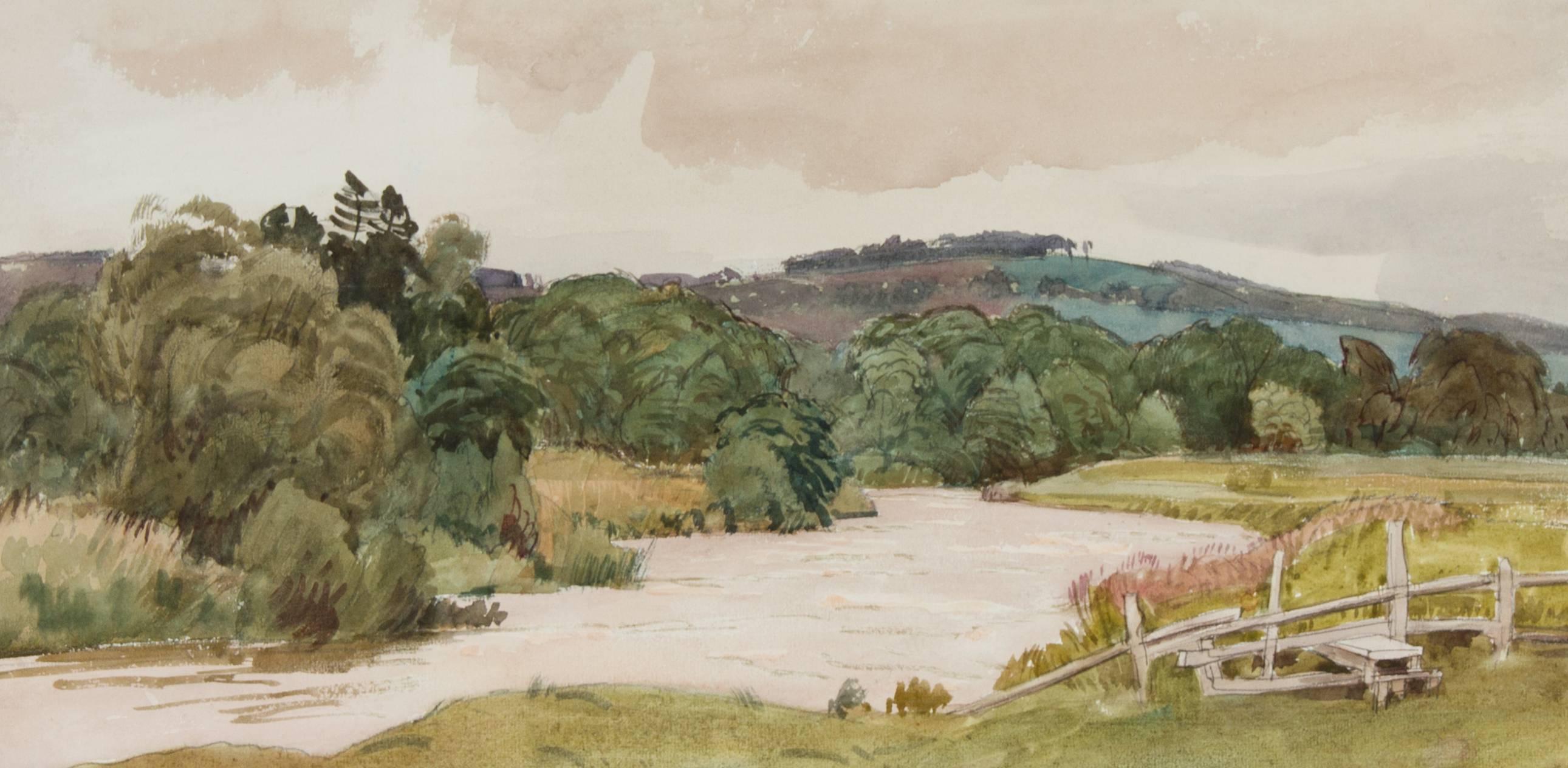 Aquarelle britannique « River and Stile » de Cedric Kennedy, signée et exposée en 1934 1