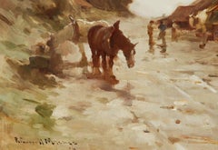 Robert Russell MacNee (1866-1952) - Signed Scottish Oil, Horses in a Farmstead