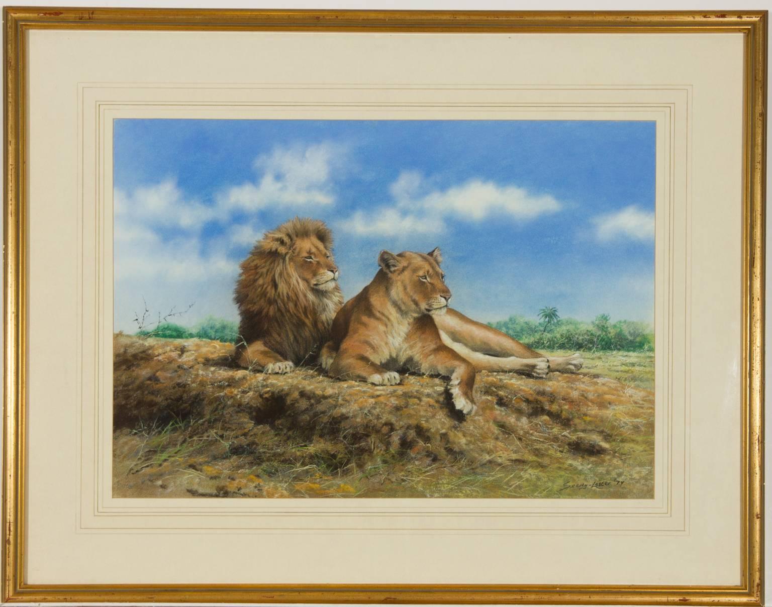A fine pastel drawing in a high realism style, depicting a lion and lioness. By the well listed British artist John Seerey-Lester (b.1945), signed to the lower right. Presented in a washline mount and simple gilt frame. 

Image Size: 36.5 x 52cm