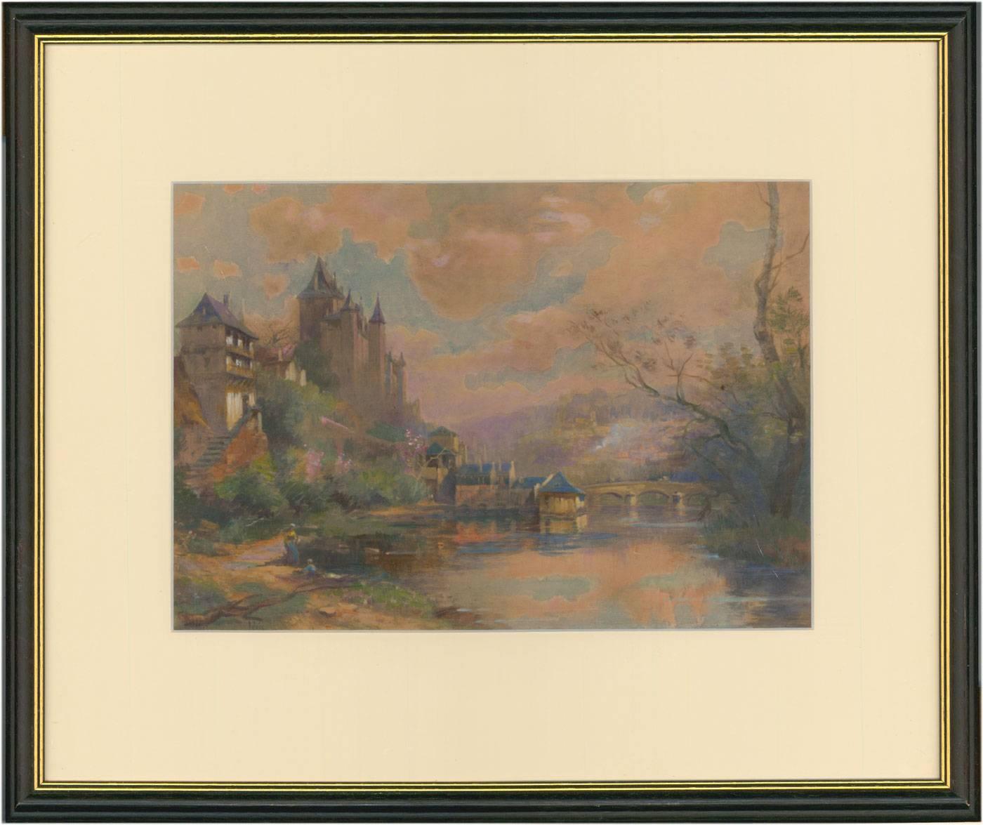 Maurice Levis Landscape Painting - Maurice Lévis (1860-1940) - French Watercolour, Chateau on a Riverside