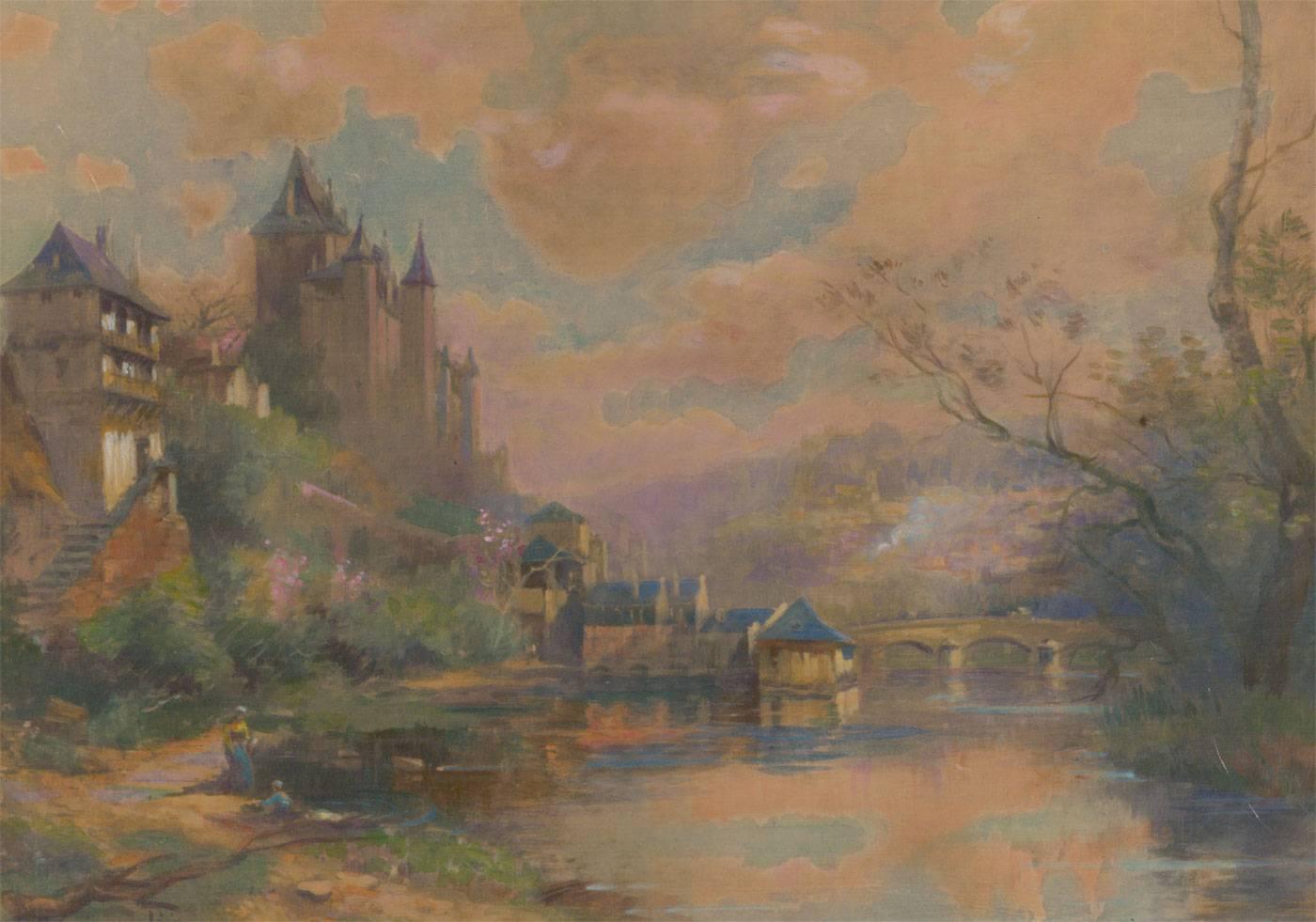 Maurice Lévis (1860-1940) - French Watercolour, Chateau on a Riverside - Painting by Maurice Levis
