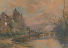 Maurice Lévis (1860-1940) - Acuarela francesa, Castillo a orillas del río