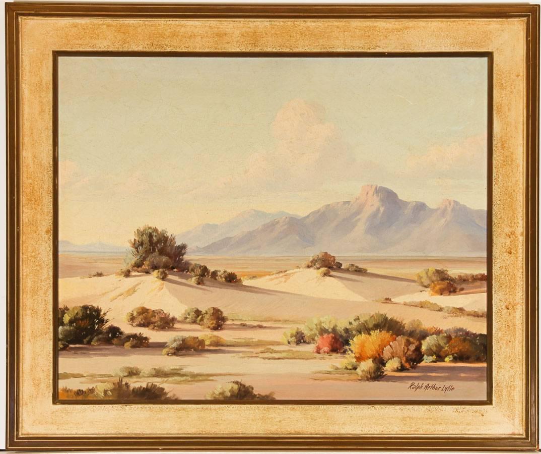 An early-mid 20th century oil painting by American artist Ralph Arthur Lytle, depicting an American desert landscape. Signed by the artist to the lower right, painted on canvas. Presented in a mid century frame. 

Provenance: Mrs Les Burwell