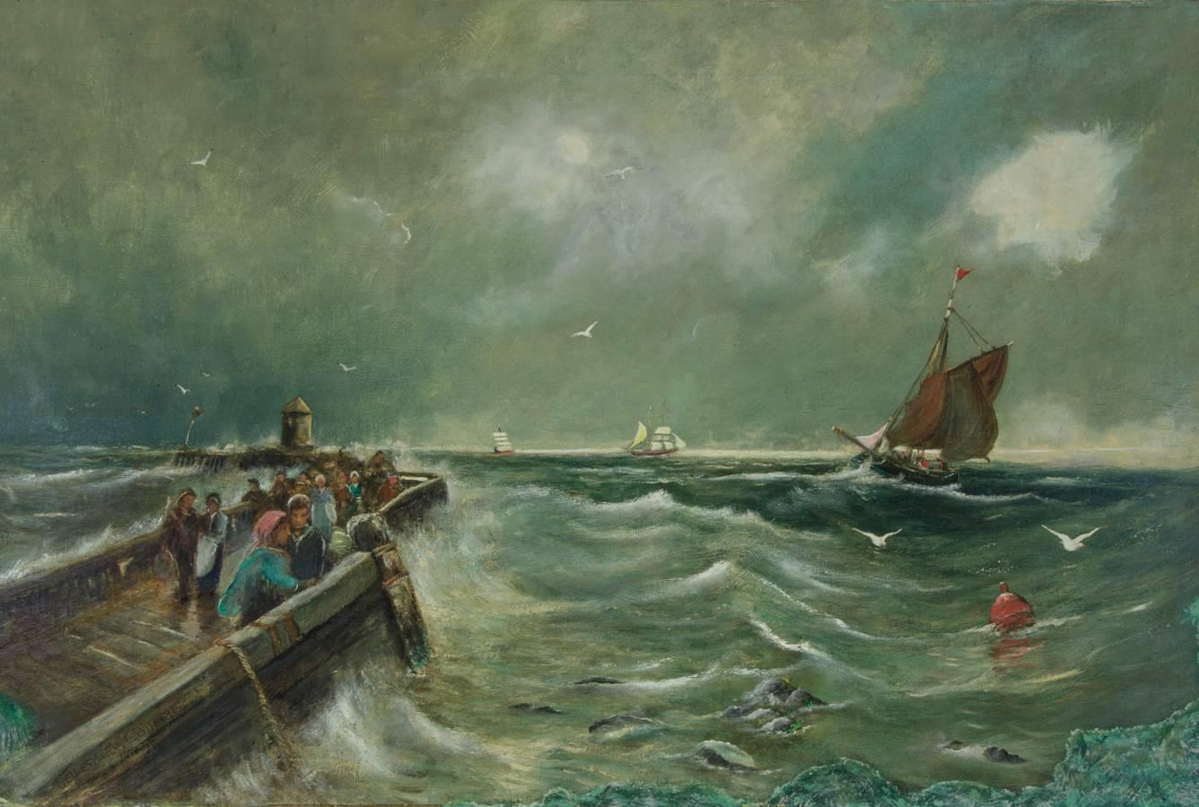 A 1893 English nautical oil painting of a seascape. A striking painting depicting a busy pier with waves crashing against its side. Inscribed on the reverse- "Wild Weather. Wellesley Cottrell 1893. Painted for Edward Davenporter. B'ham. Dec-93."