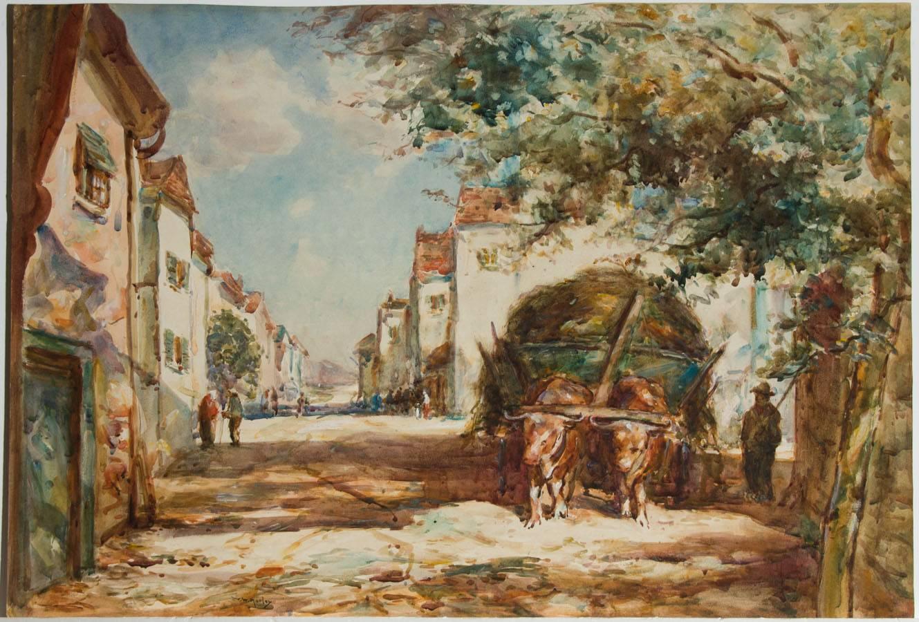 Aquarelle de Thomas William Morley (1859-1925) - Début du 20e siècle, scène de rue en vente 1