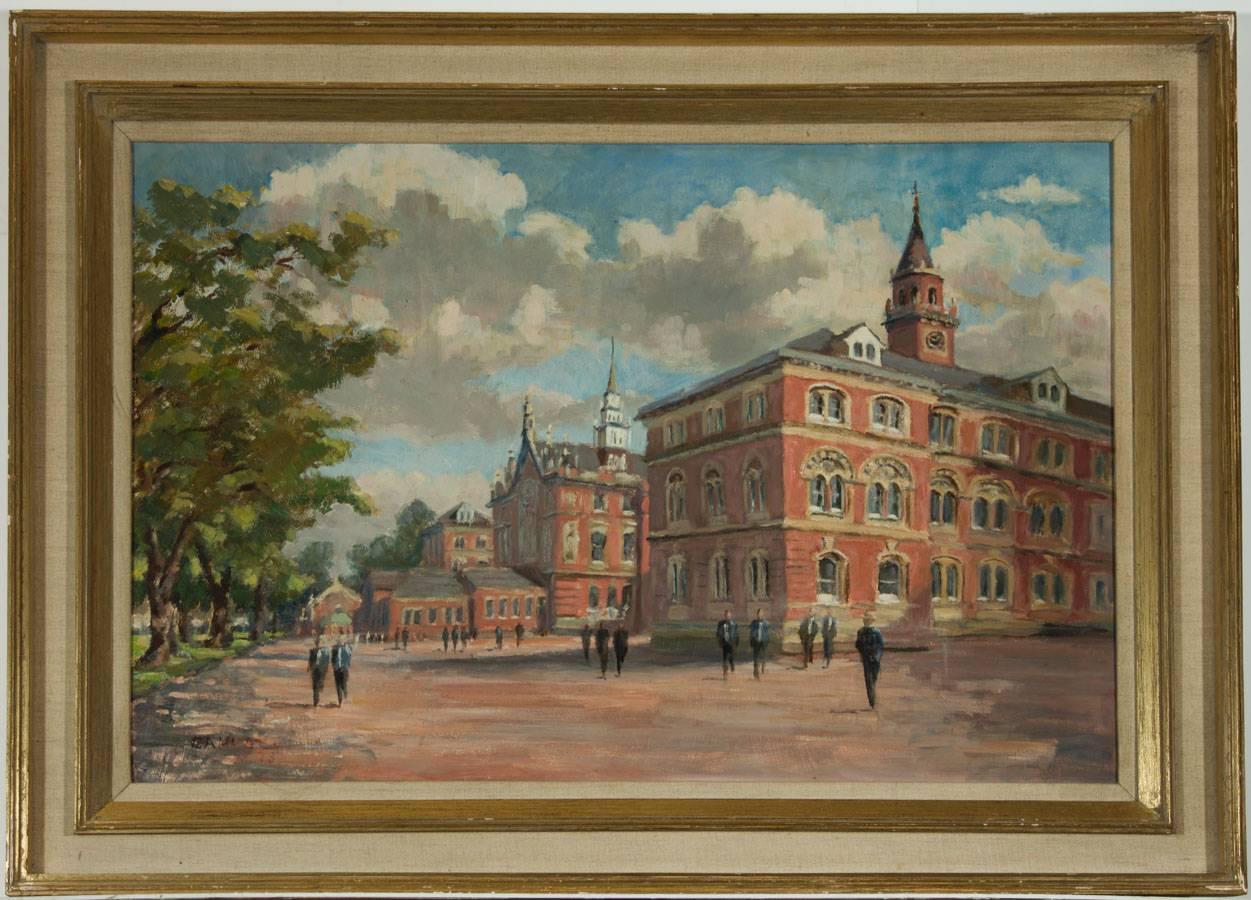 Unknown Landscape Painting - Campbell - Large Signed 1973 Modern British Oil, Dulwich College, England