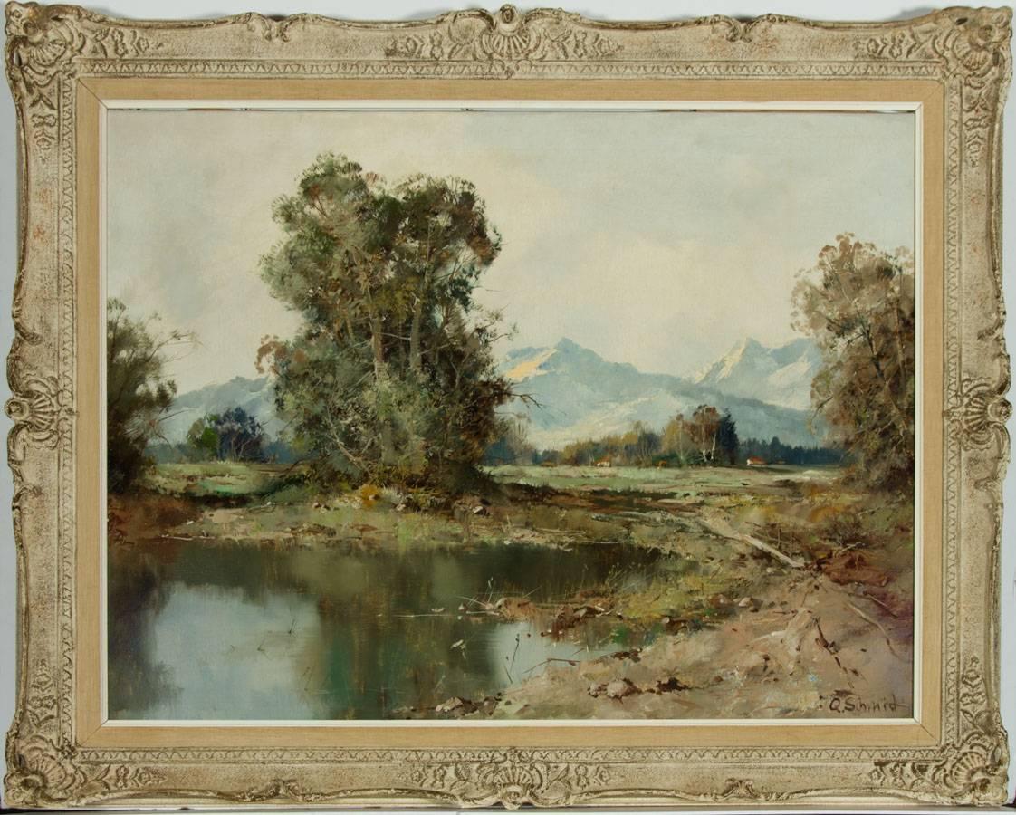Unknown Landscape Painting – Q. Schmid - Signed Contemporary Oil, Alpine Landscape with Houses
