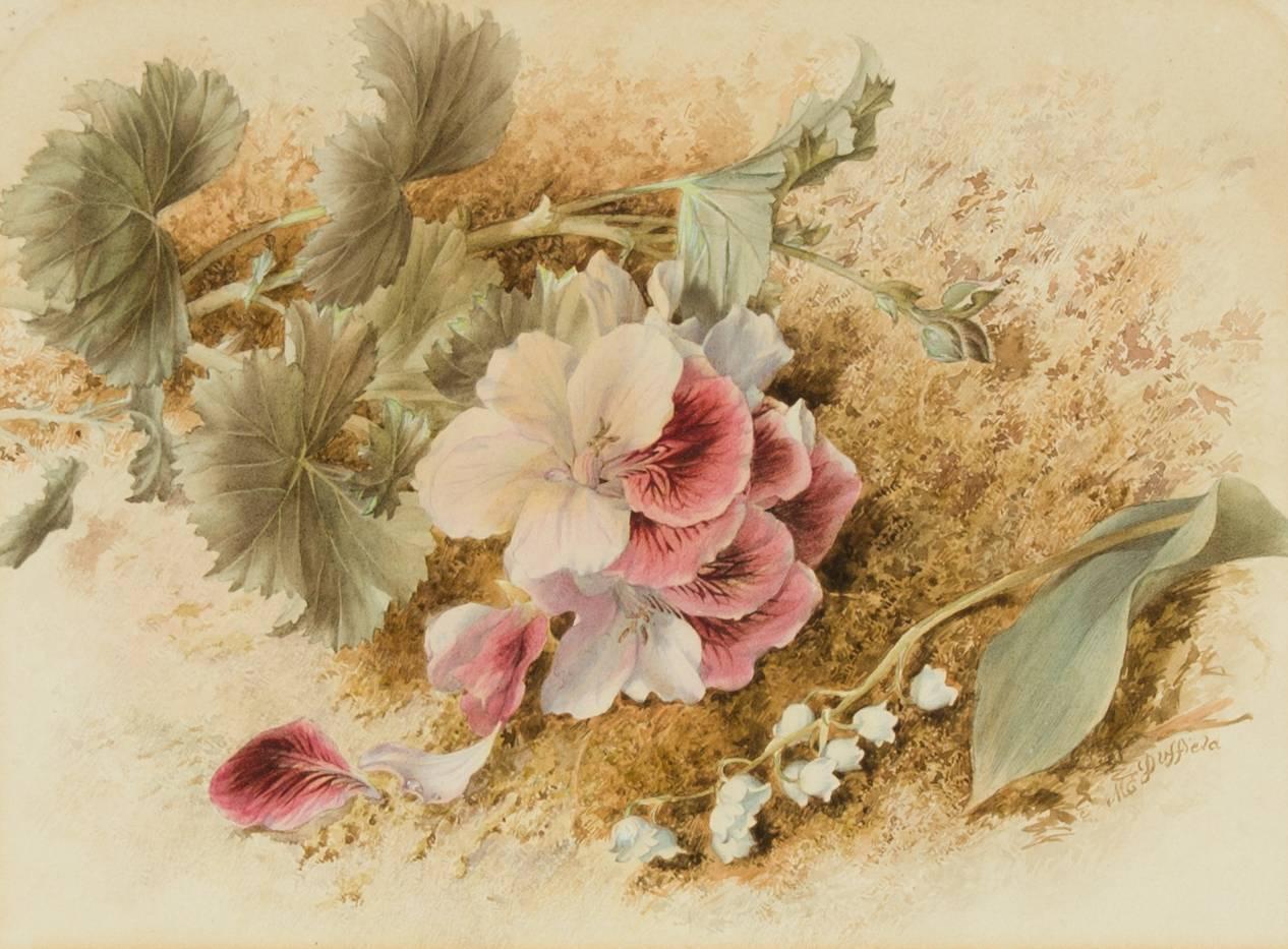 A fine 19th century signed English watercolour depicting a floral still life by renowned botanical painter Mary Elizabeth Duffield RI (1819-1914). Depicting Pelargoniums and Lilly of the Valley, signed to the lower right and excellently presented in