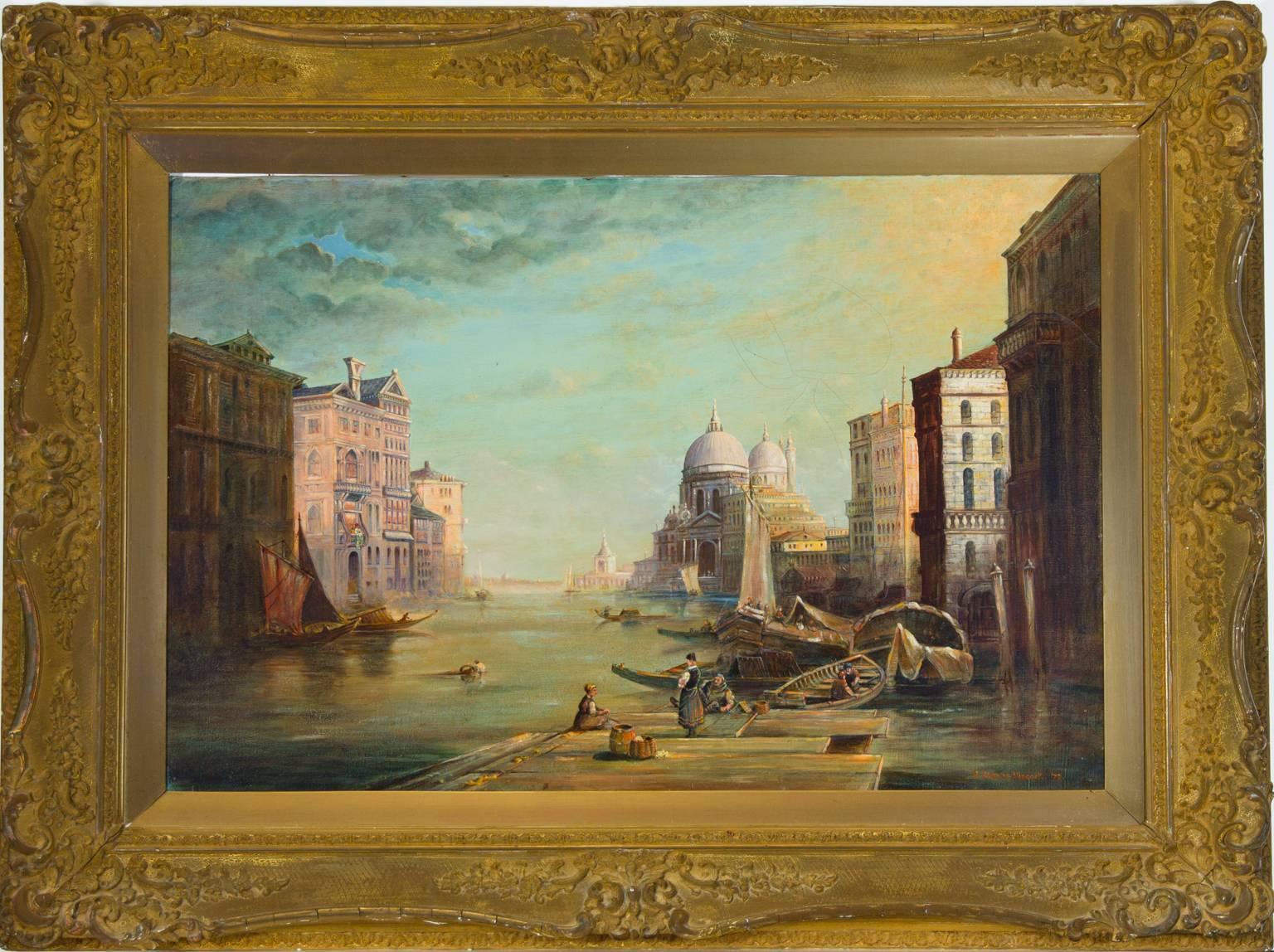 An impressive 1979 signed oil painting by J. Charles Hiscock, depicting the Grand Canal in Venice, with St Mark's and the Doge's Palace beyond. In the foreground there are figures at rest on a jetty with others in punts. Signed to the lower right,