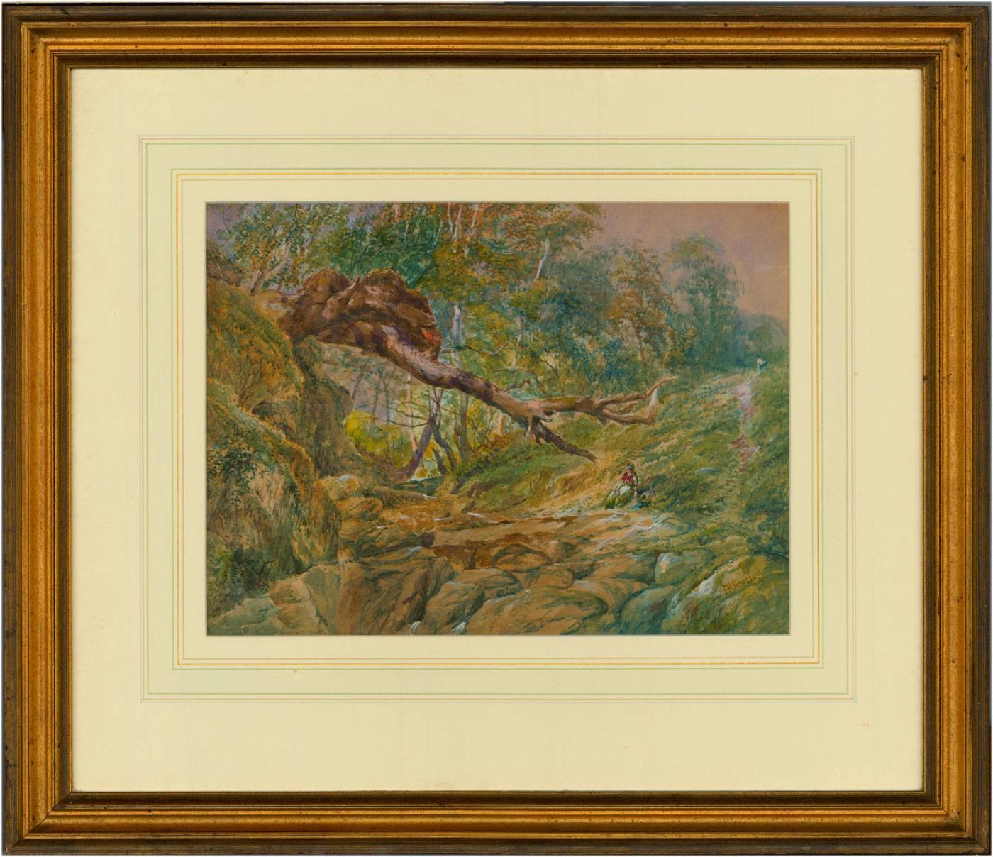 Ein signiertes viktorianisches Aquarell aus dem 19. Jahrhundert von Frederick Henry Henshaw (1807-1891), das eine Figur in einer Waldlandschaft zeigt. Gemalt in Aquarell mit Körperfarbe, präsentiert in einem Washline-Passepartout und Goldrahmen.