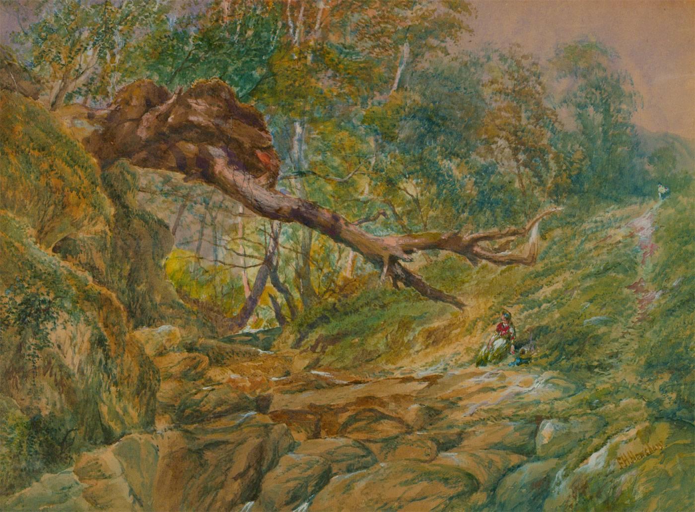 A signed 19th Century Victorian watercolour by Frederick Henry Henshaw (1807-1891) , depicting a figure in a woodland landscape. Painted in watercolour with body color, presented in a washline mount and gilt frame. Signed in the lower right by the