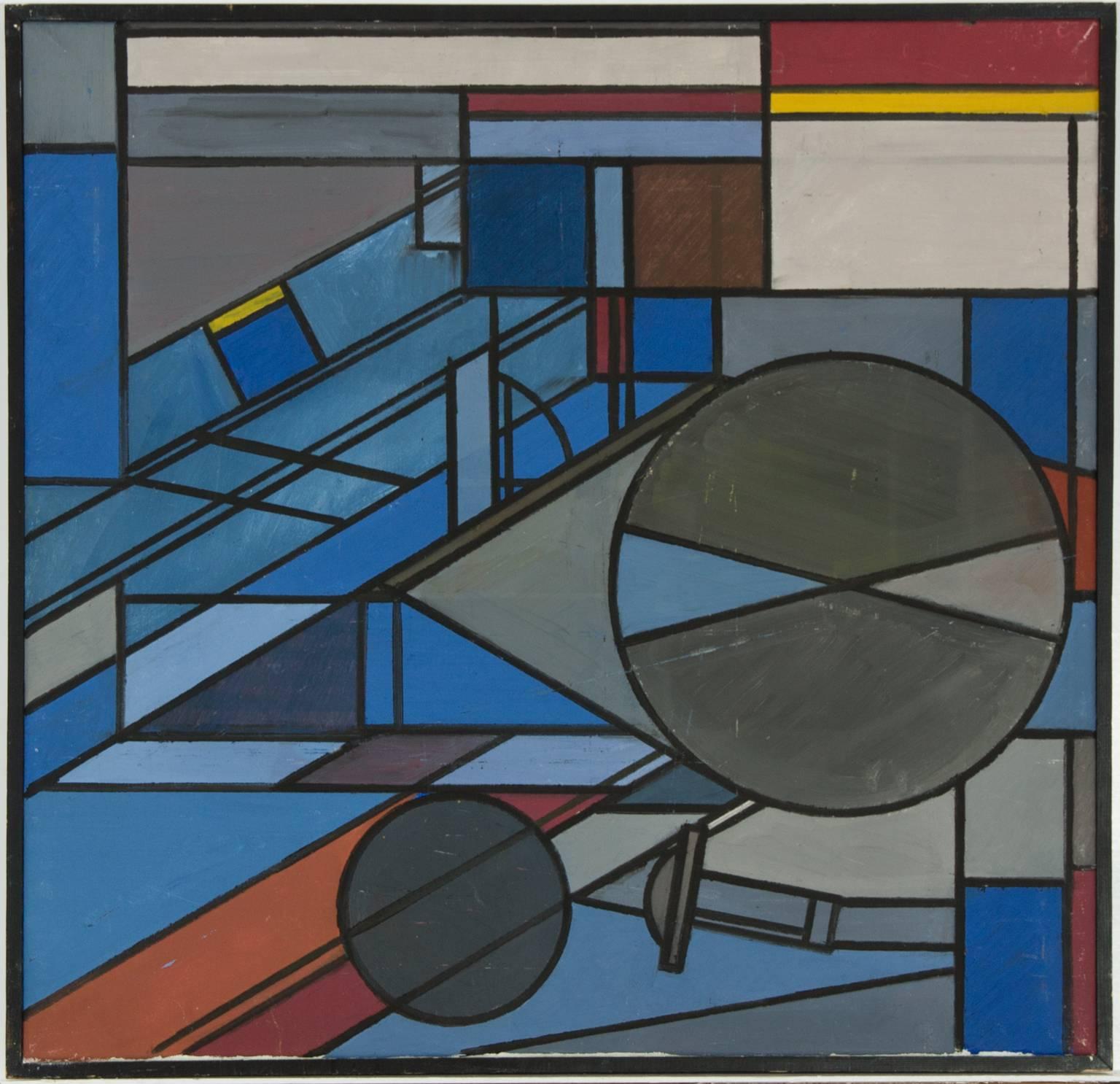 A modernist British oil on canvas painting by the listed artist Theodore Mendez (1934-1997), depicting a Cubist style view of a gramophone. Presented in a thin black frame. Inscribed and titled on the reverse. On canvas on stretchers.

Artist