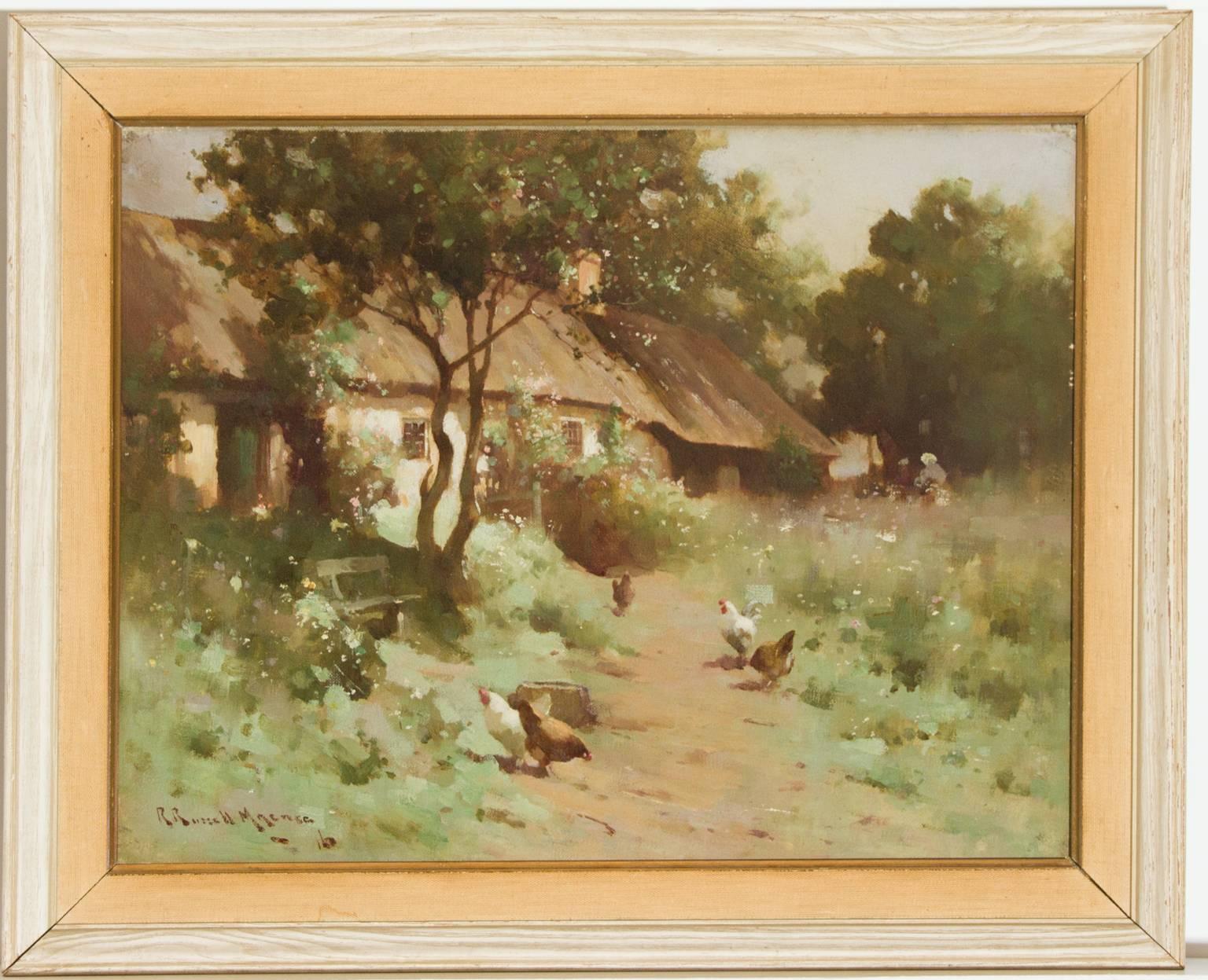 Robert Russell Macnee Landscape Painting - Robert Russell MacNee - 20th Century Signed Scottish Oil, Cottage with Chickens