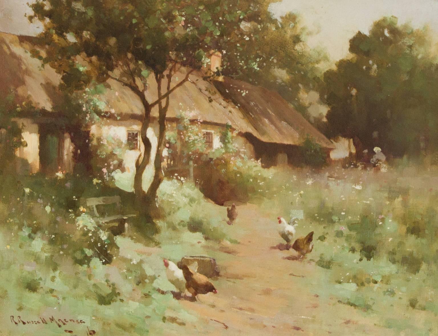 Robert Russell MacNee - 20th Century Signed Scottish Oil, Cottage with Chickens - Painting by Robert Russell Macnee