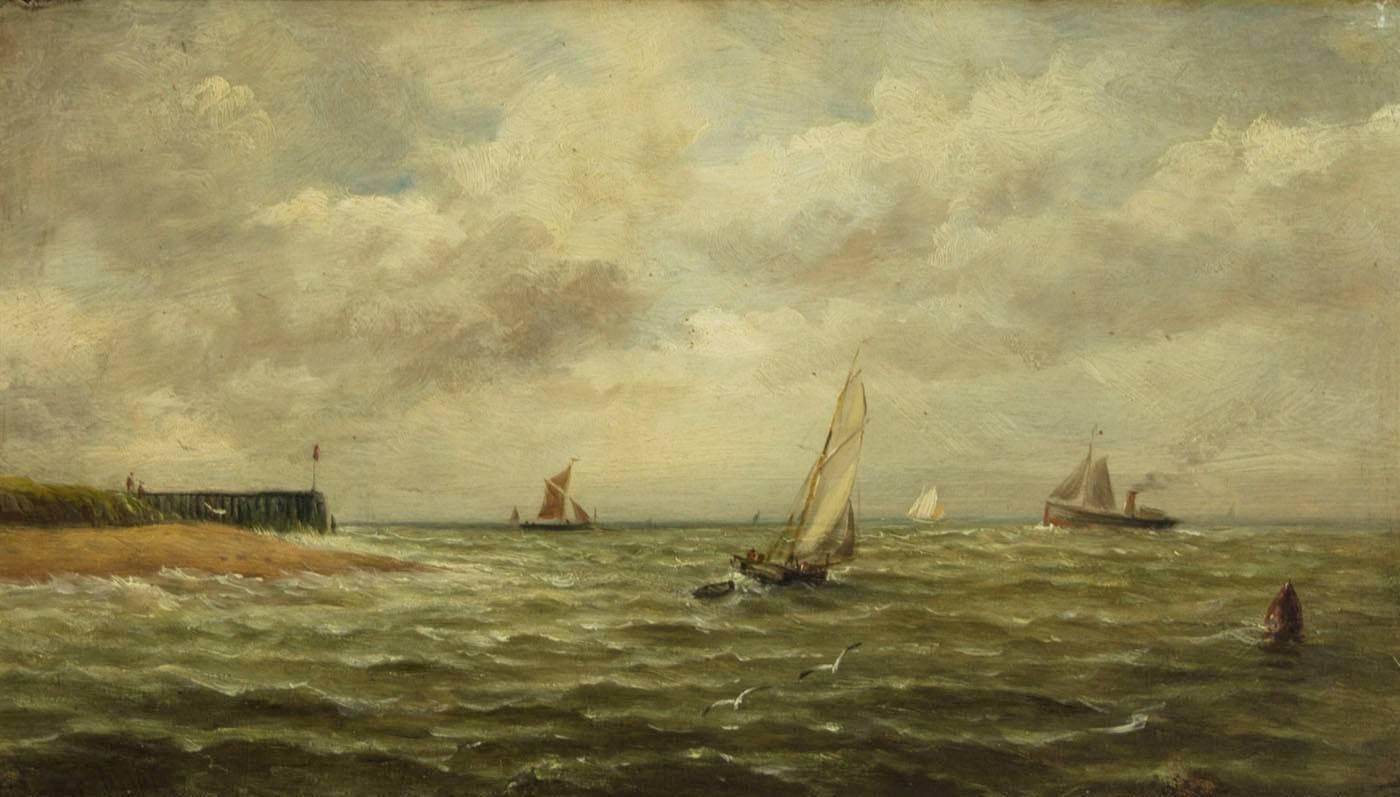 John Moore of Ipswich - Signed 19th Century English Marine Oil, Boats at Harwich - Painting by John Moore (b.1820)