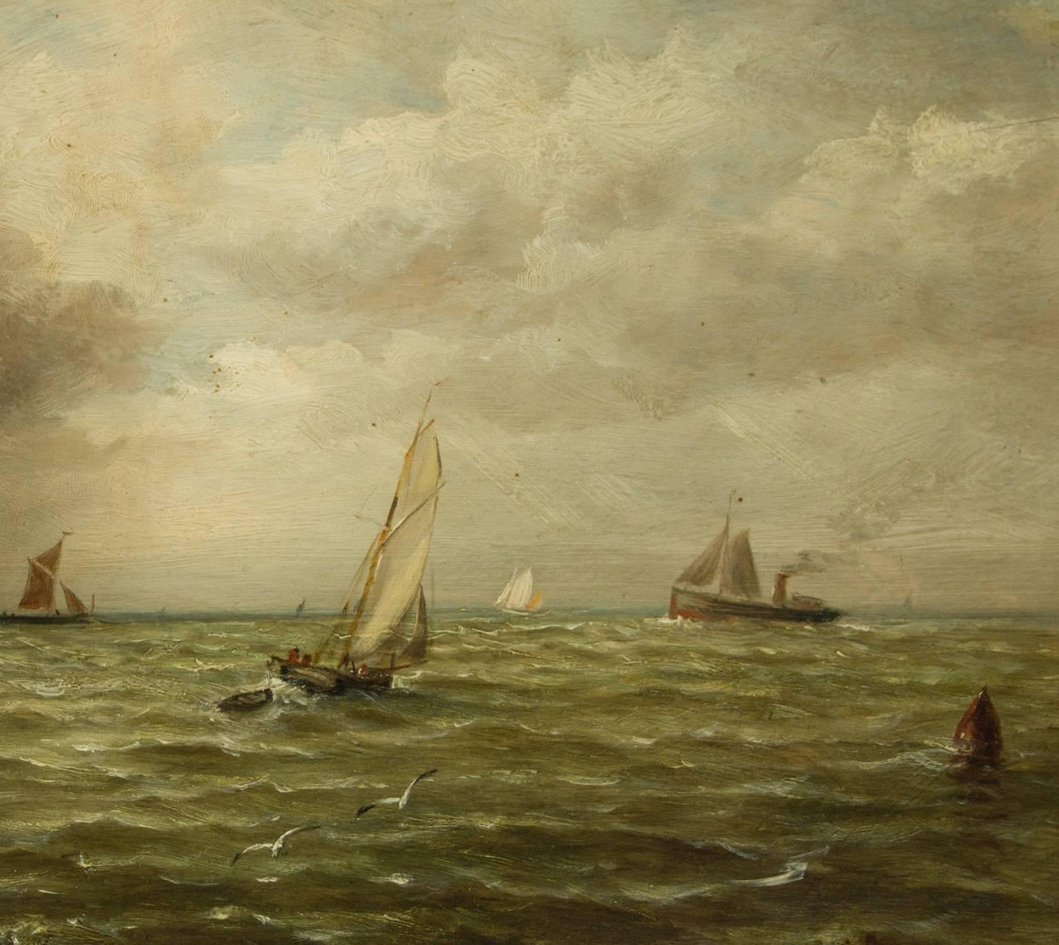 John Moore of Ipswich - Signed 19th Century English Marine Oil, Boats at Harwich - Victorian Painting by John Moore (b.1820)