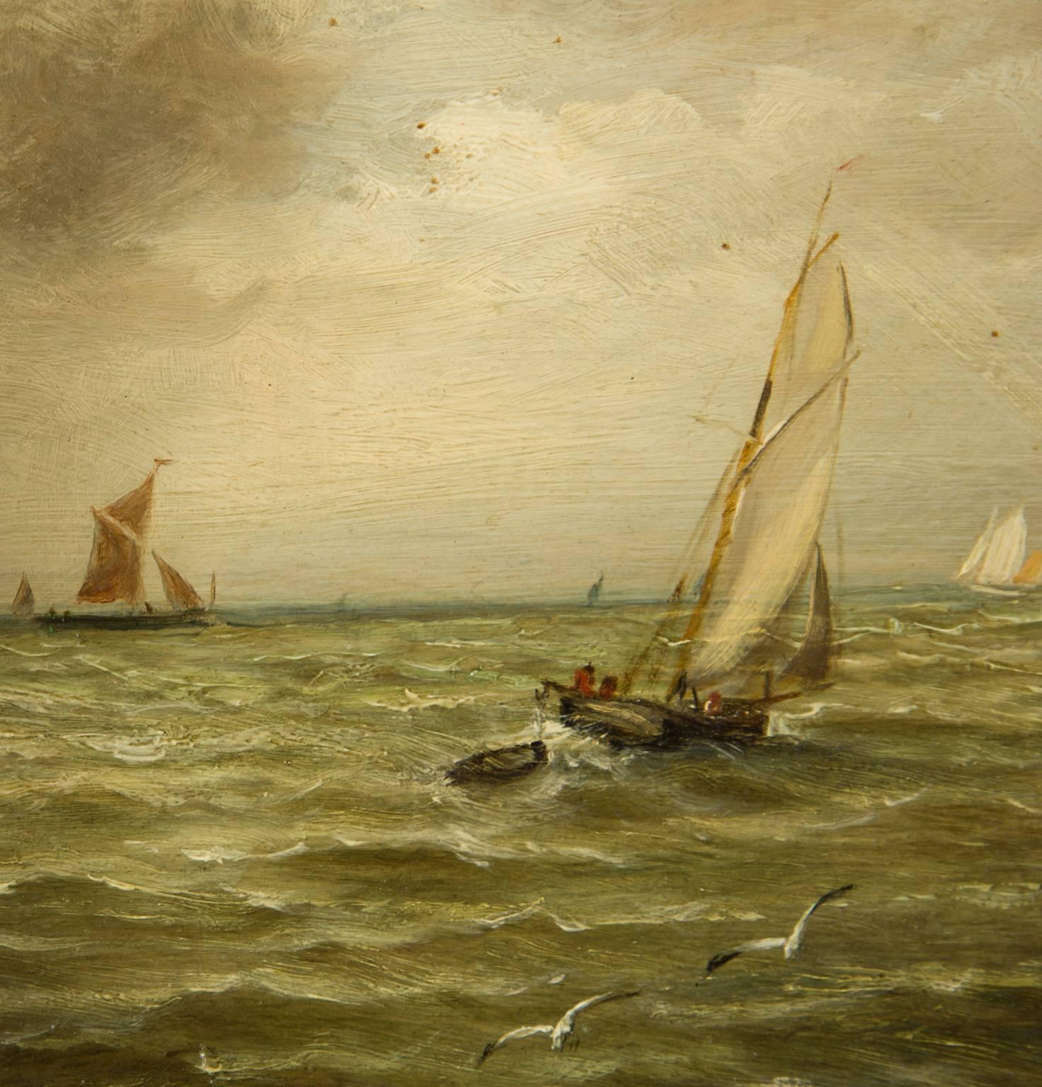 A signed and framed mid-late 19th century marine oil by the Victorian painter John Moore of Ipswich (1820-1902). Depicting ships leaving the harbour at Harwich on the English coast. A fine marine oil painting in a gilt frame and slip with name plate