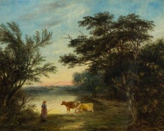 Robert Burrows - 19th Century Signed English Oil, Cattle Watering in a Landscape